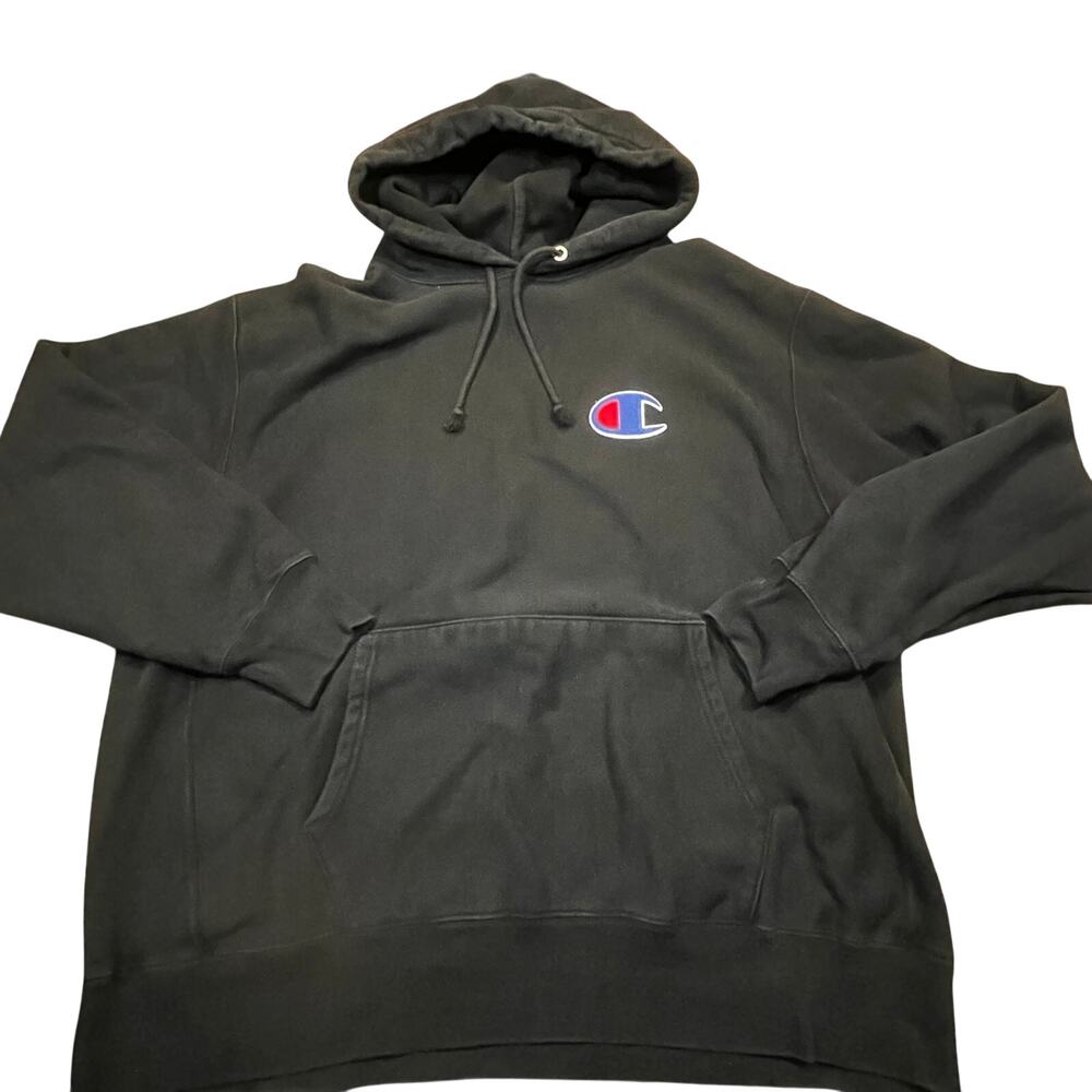 Champion Reverse Weave Hoodie Mens 2XL Black Pullover Spellout Logo Heavyweight